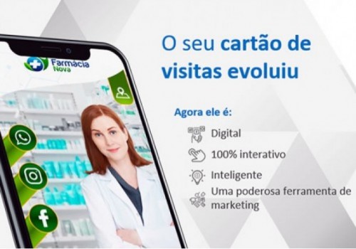 Imagem 1 - apresenta o titulo, o seu cartão de visitas evoluiu, a esquerda uma foto de um celular com uma mulher branca de jaleco branco, cabelos ruivos, ilustrando o cartão de visita digital.